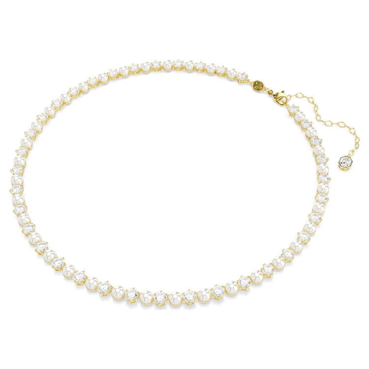 Matrix Tennis necklace Crystal pearl, Round cut, White, Gold-tone plated